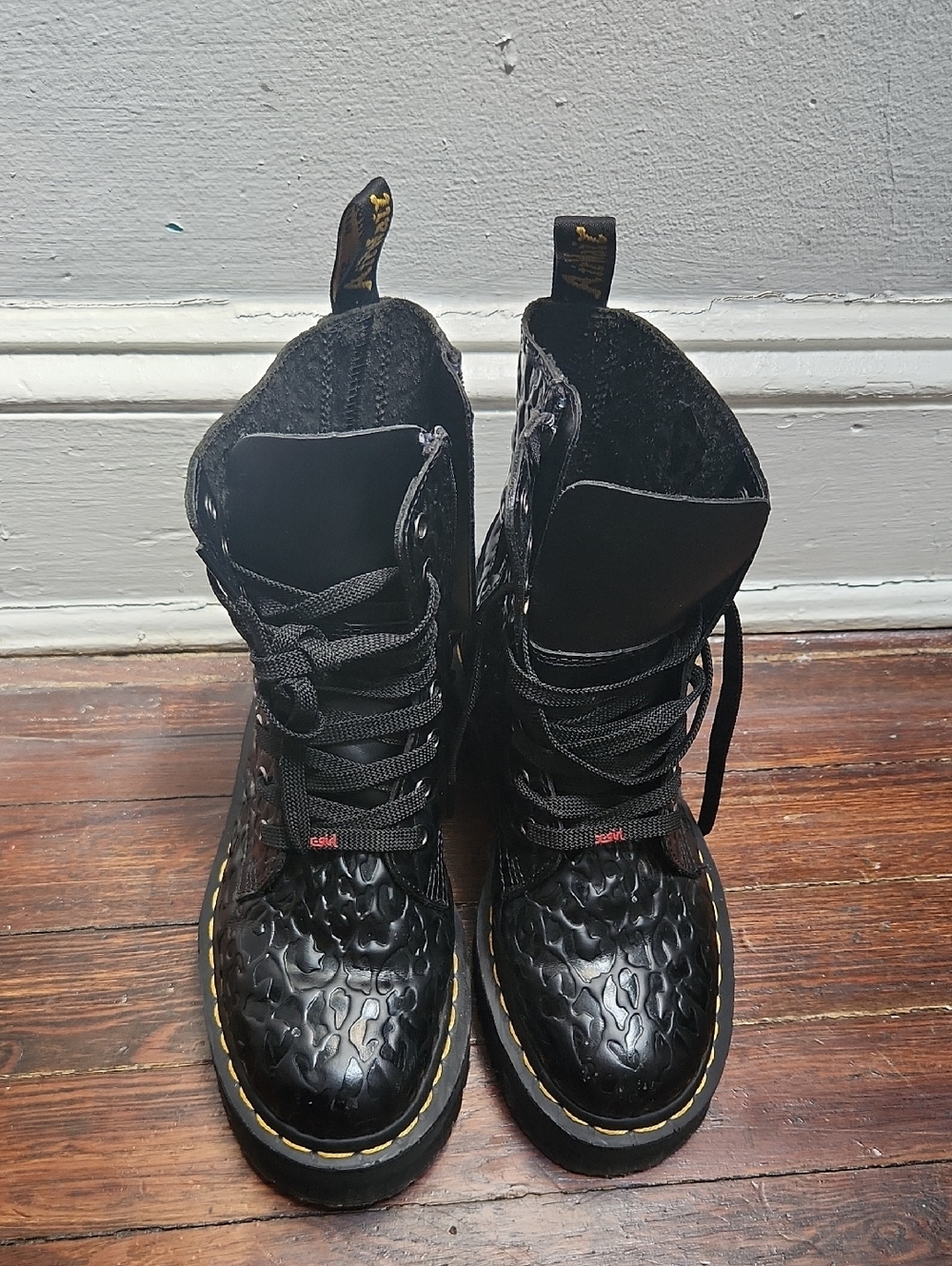 Dr. Martens Black Textured Patent Lace-Up Platform Boots with Yellow Stitching